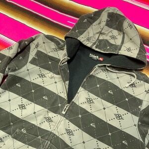 Vintage Quiksilver Hoodie‎ Men's M Grey Y2K Skate Surf Emo Striped Fleece Lined